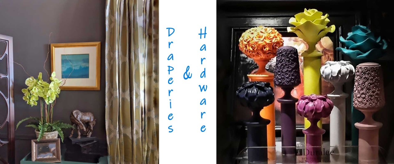 Left image: Side table with a plant and horse statue back by drapes. Right Image: an assortment of colorful statues