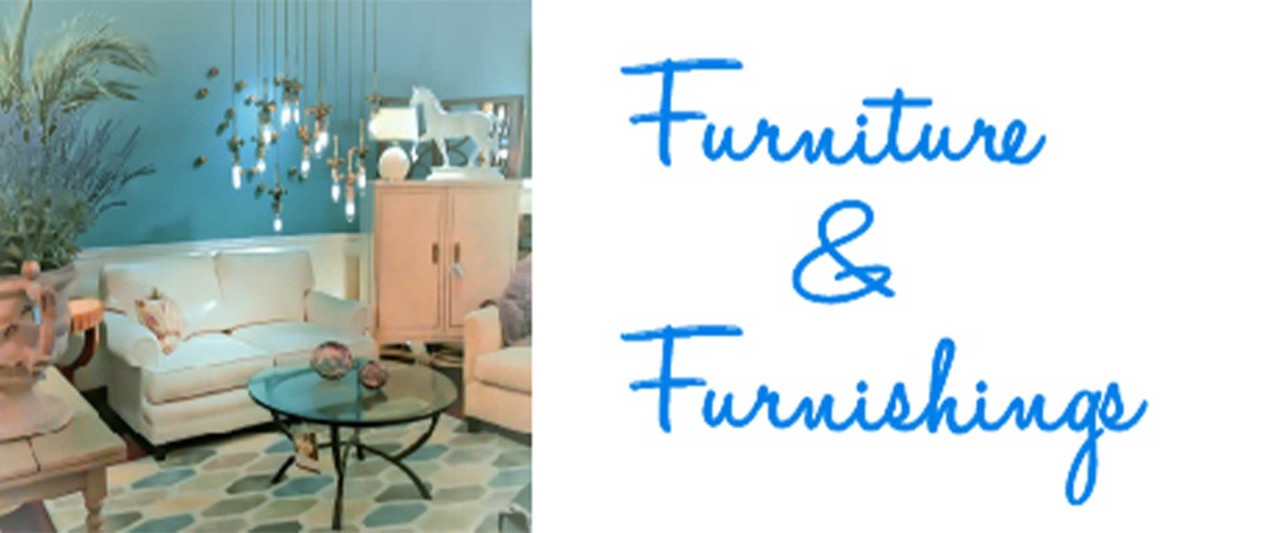 A living room space with a variety of brightly colored furniture, and a caption saying, "Furniture & Furnishings"