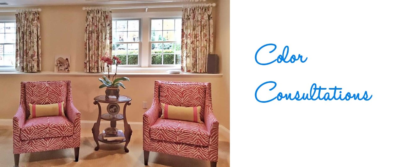 two chairs with red zebra stripes backed by a window with floral drapes. Caption reads, "Color Consultations"
